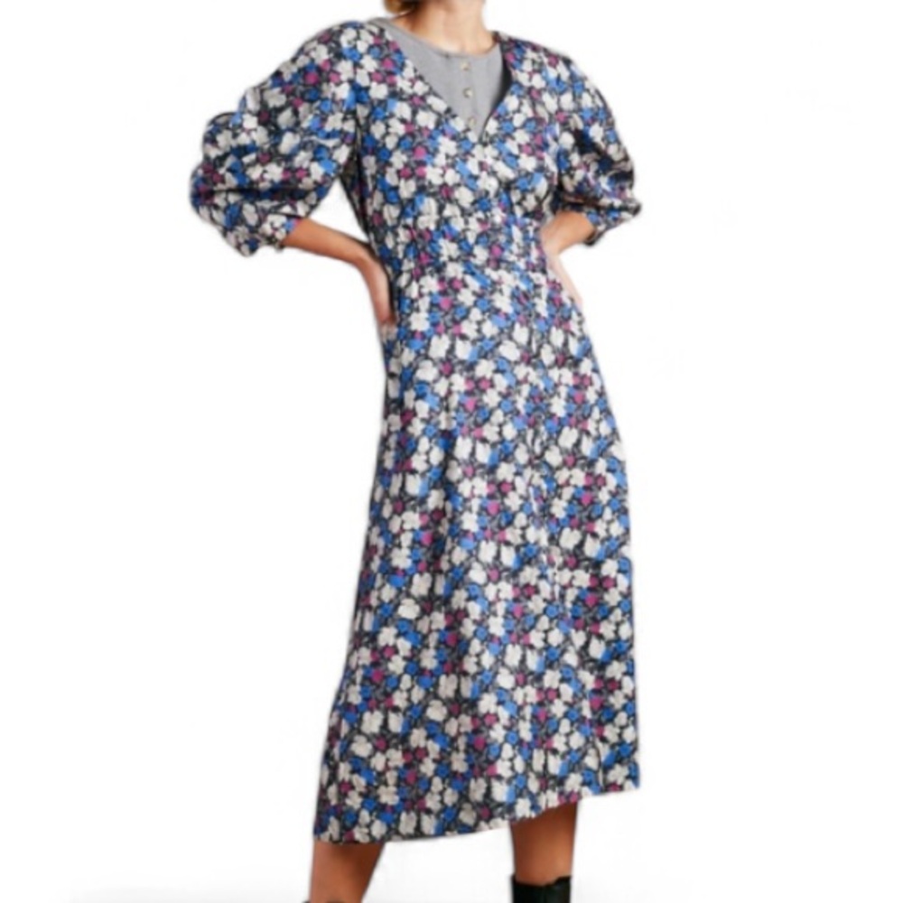 The Westside blue pink silk floral button front puff sleeve midi dress size XS